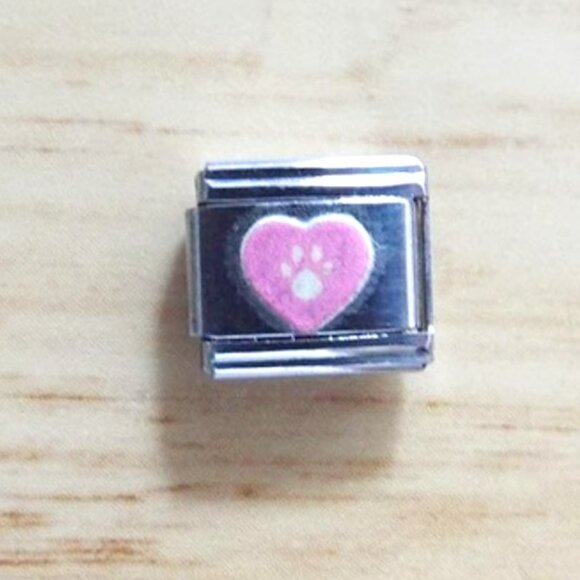 Paw print in pink enamel heart 9mm stainless steel italian charm bracelet link - Picture 1 of 2